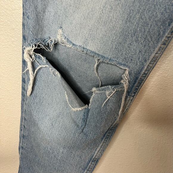 Zara blue ripped distressed high rise button fly straight leg jeans 6 - Picture 3 of 6